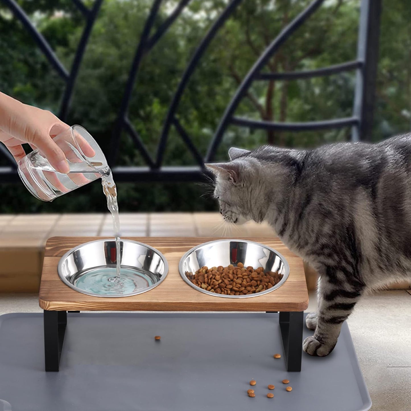 Upgraded Elevated Cat Bowls with Food Mat,15°Tilted Stand Anti Vomiting Raised Cat Dishes for Food and Water,2 Stainless Steel Bowls for Cats and Puppy