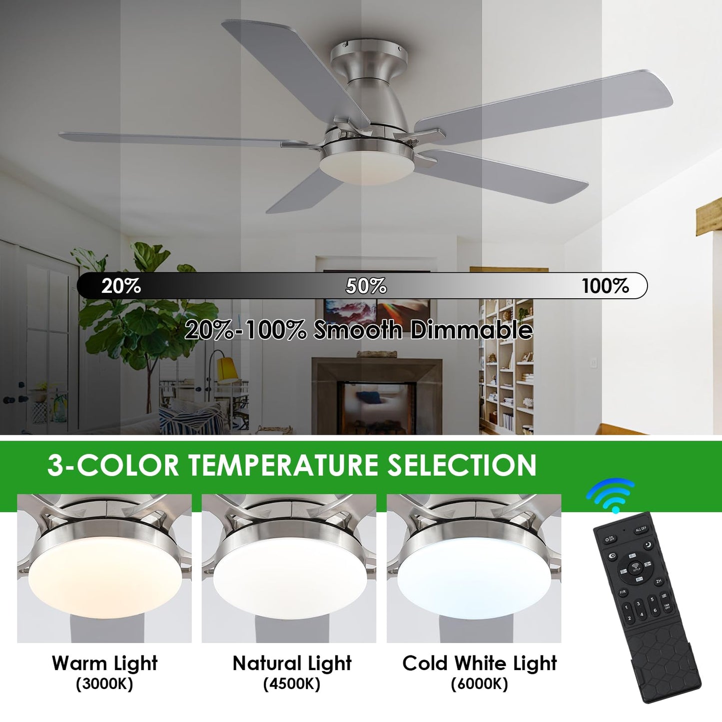 Ceiling Fans with Lights- 52" Low Profile Indoor Ceiling Fan with Light and Remote/APP Control, Flush Mount, LED Dimmable DC Reversible Modern Ceiling Fan for Bedroom（Black）