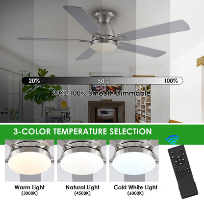 Ceiling Fans with Lights- 52" Low Profile Indoor Ceiling Fan with Light and Remote/APP Control, Flush Mount, LED Dimmable DC Reversible Modern Ceiling Fan for Bedroom（Black）