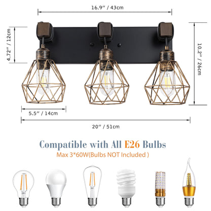 Farmhouse Vanity Light for Bathroom, 3-Light Wood Bathroom Vanity Light Fixtures Over Mirror, Rustic Sconces Wall Lighting with Metal Lampshade for Living Room, Bedroom, Hallway