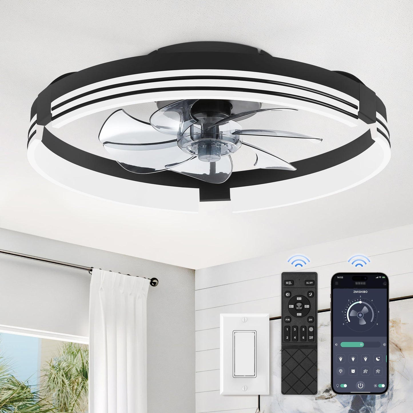 Low Profile Ceiling Fans with Lights and Remote, 20 Inch Flush Mount Ceiling Fan with Light, 3000K-6000K Dimmable Fandelier LED Fan Light, 6 Wind Speeds Black Ceiling Fans for Bedroom