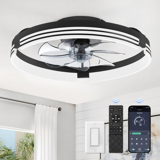 Low Profile Ceiling Fans with Lights and Remote, 20 Inch Flush Mount Ceiling Fan with Light, 3000K-6000K Dimmable Fandelier LED Fan Light, 6 Wind Speeds Black Ceiling Fans for Bedroom