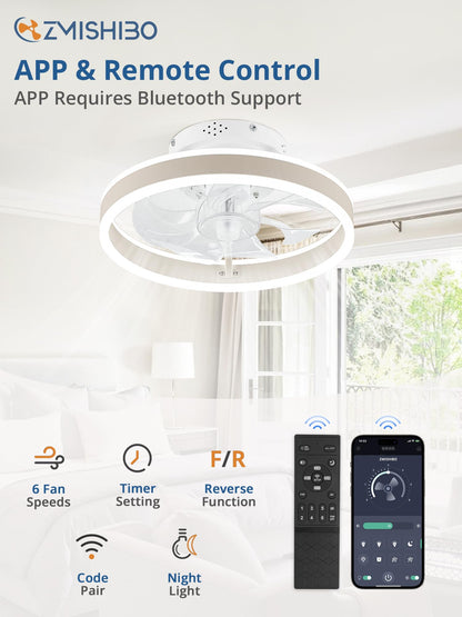 Ceiling Fans with Lights and Remote, 19.7'' Low Profile Ceiling Fan, 3000-6000K Dimmable Modern Flush Mount LED Fan Light, 6 Wind Speeds, Black Fandelier Ceiling Fans for Bedroom