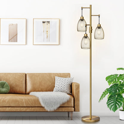 Dimmable Industrial Floor Lamps for Living Room, Gold Tree Standing Tall Lamps with 3 Elegant Teardrop Cage Head & 800 Lumens LED Bulbs for Bedroom Office