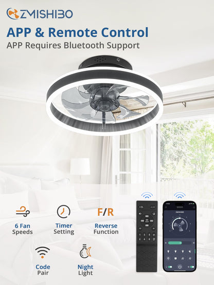 Ceiling Fans with Lights and Remote, 19.7'' Low Profile Ceiling Fan, 3000-6000K Dimmable Modern Flush Mount LED Fan Light, 6 Wind Speeds, Black Fandelier Ceiling Fans for Bedroom