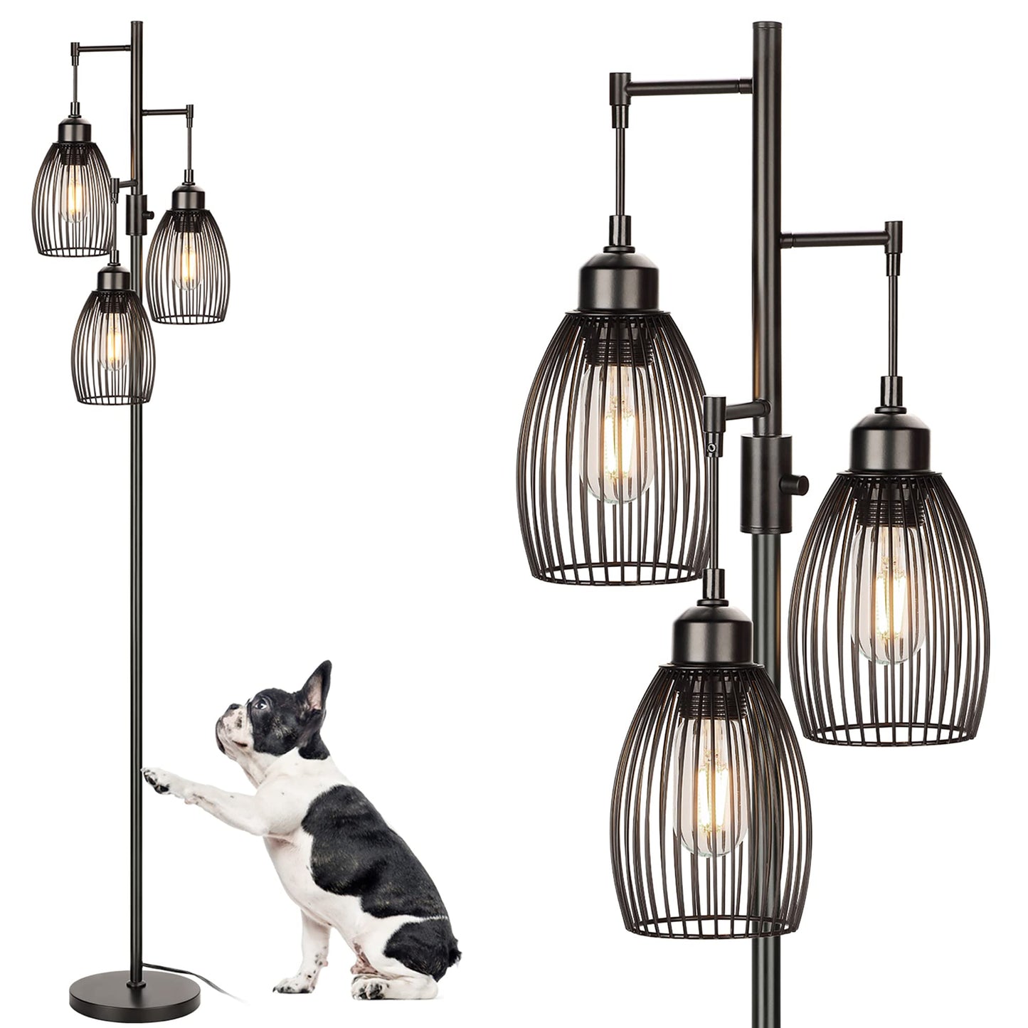 Dimmable Industrial Floor Lamps for Living Room, Gold Tree Standing Tall Lamps with 3 Elegant Teardrop Cage Head & 800 Lumens LED Bulbs for Bedroom Office