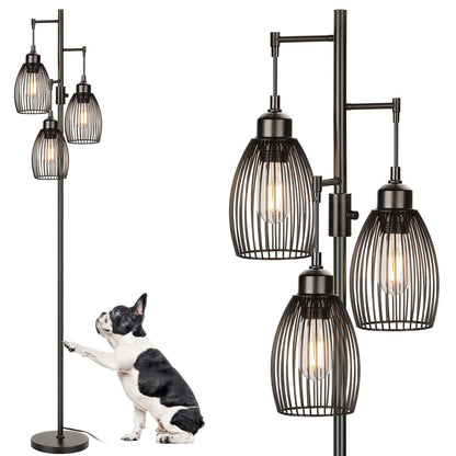 Dimmable Industrial Floor Lamps for Living Room, Gold Tree Standing Tall Lamps with 3 Elegant Teardrop Cage Head & 800 Lumens LED Bulbs for Bedroom Office