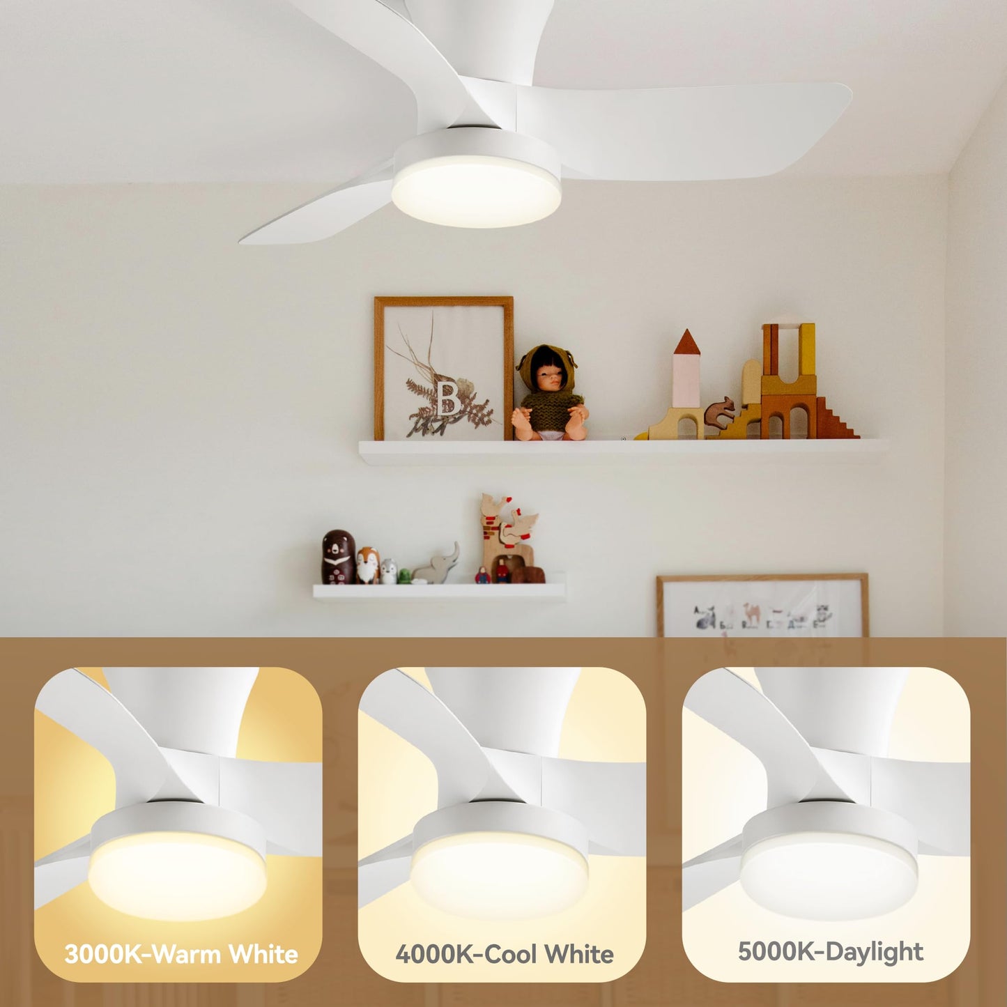 SUNMORY Ceiling Fans with Lights and Remote, 30 inch Low Profile Ceiling Fan with Light, Modern Flush Mount Ceiling Fan for Bedroom/Kitchen/Dining Room/Patio, 6 Wind Speeds, Dimmable, White