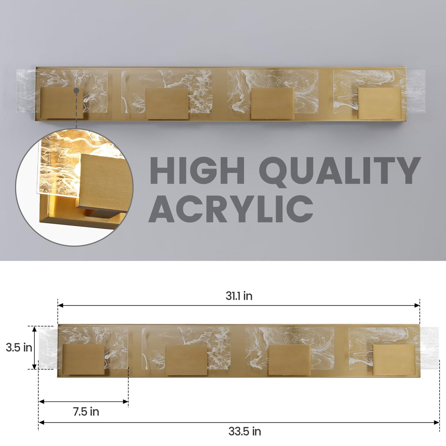 LED Bathroom Vanity Light: 24 inch Brushed Gold Acrylic Modern Lighting Fixtures - 3 Lights Contemporary Smoke Design Wall Lights Fixture Over Mirror 3000K