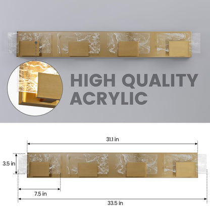 LED Bathroom Vanity Light: 24 inch Brushed Gold Acrylic Modern Lighting Fixtures - 3 Lights Contemporary Smoke Design Wall Lights Fixture Over Mirror 3000K