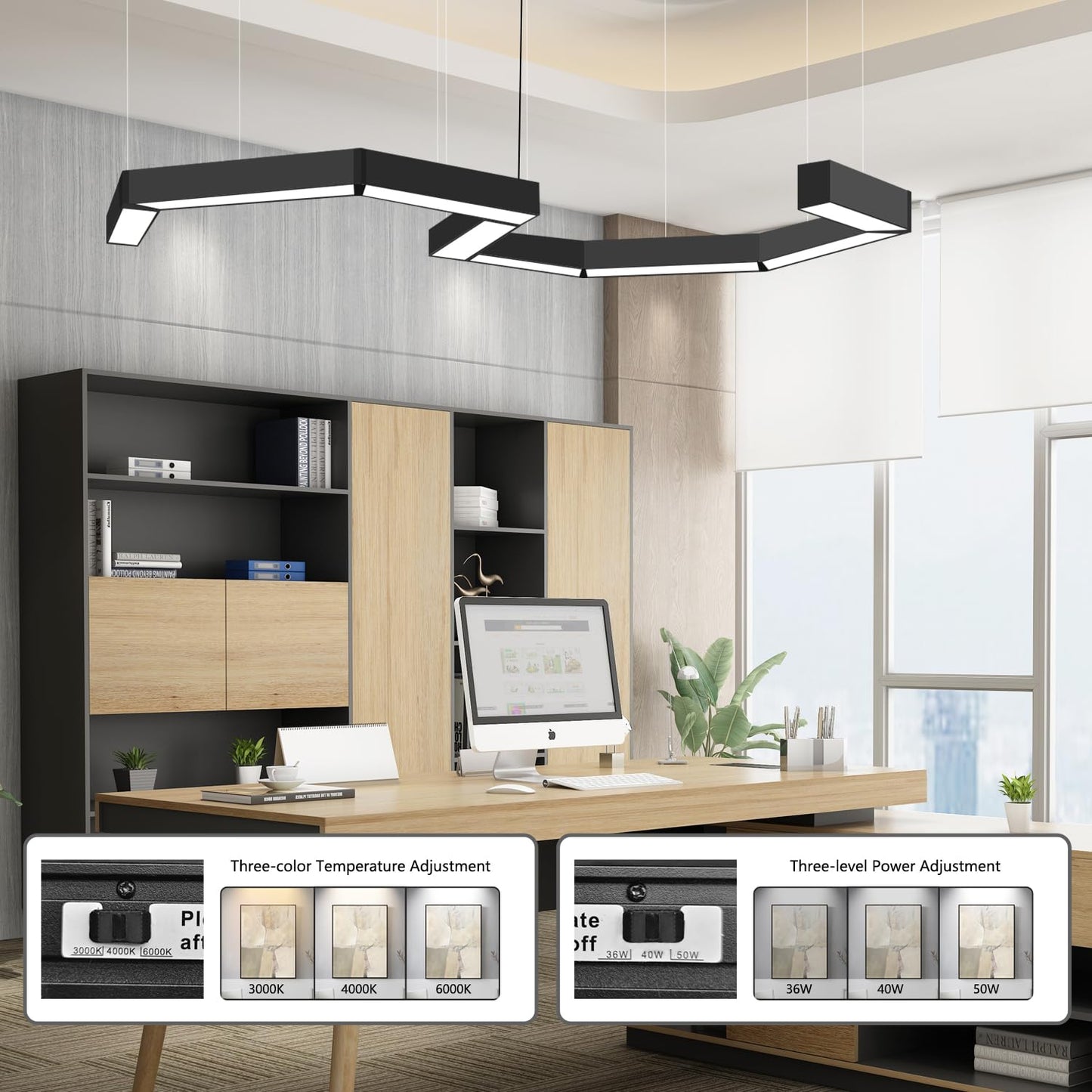 20FT LED Linear Light, 250W Pendant Light Fixtures, 0~10V Remote Switch, 3000K 4000K 6000K Color Changing Function, Combination Black Ceiling Shop Light, Suspended Office Lighting Fixture