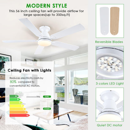 Ceiling Fans with Lights- 46" Low Profile Indoor Ceiling Fan with Light and Remote/APP Control, Flush Mount, LED Dimmable DC Reversible Modern Ceiling Fan for Bedroom（Black）