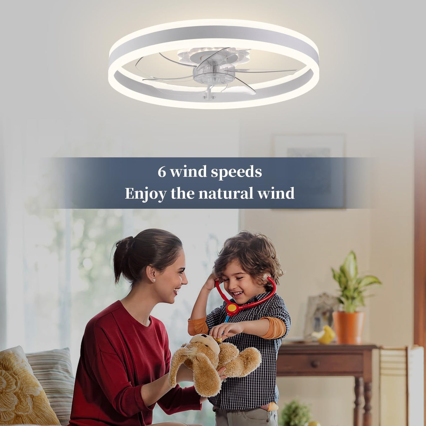 20‘’ Ceiling Fan with Light, Upgraded Low Profile Fan, Flush Mount Ceiling Fan, 6 Speeds, Dimmable LED, App & Remote Control, Quiet DC Motor, for Bedroom, Living Room, F115 White