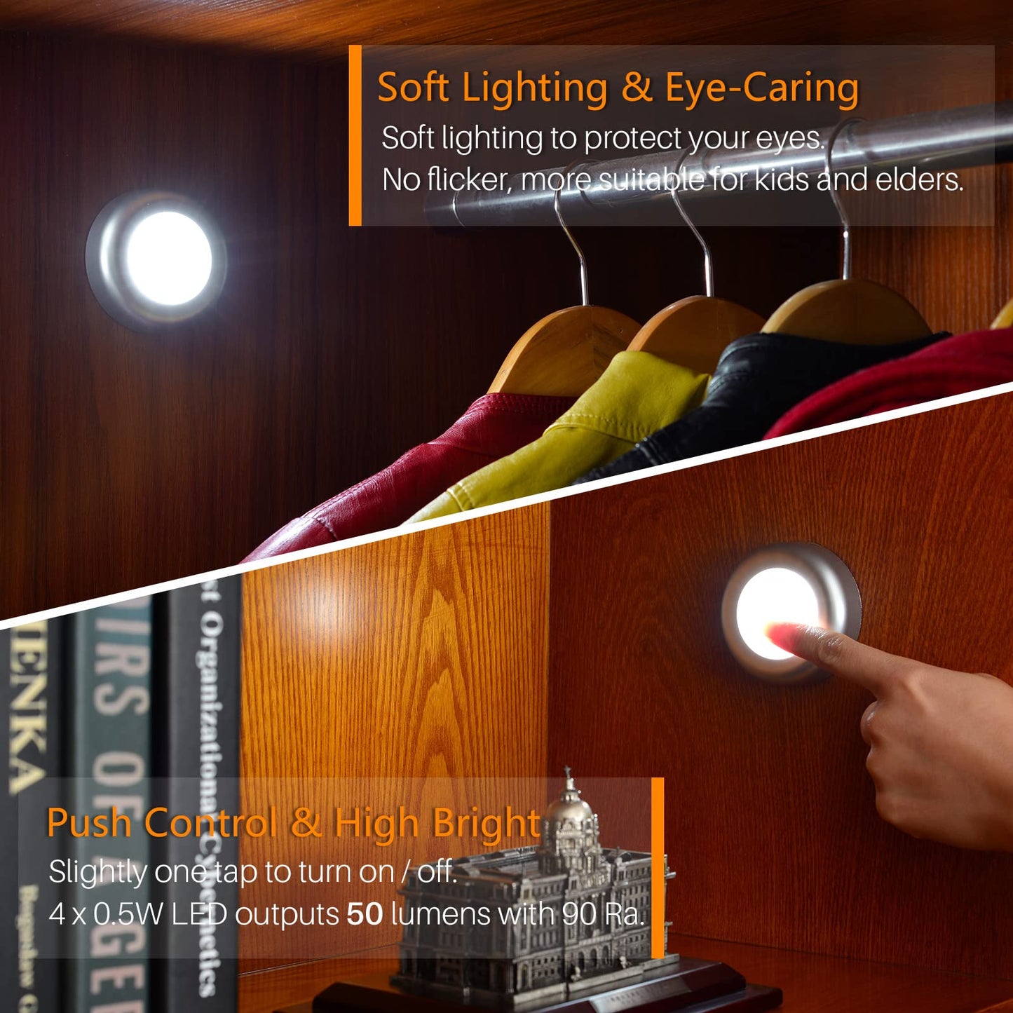 STAR-SPANGLED Push Tap Light, 2.8” Mini Night Touch LED Puck Lamp, Portable Under Cabinet Lighting AAA Battery Operated Powered, DIY Stick On Lights for Closet, Counter, Kitchen, Warm White, 5 Pack