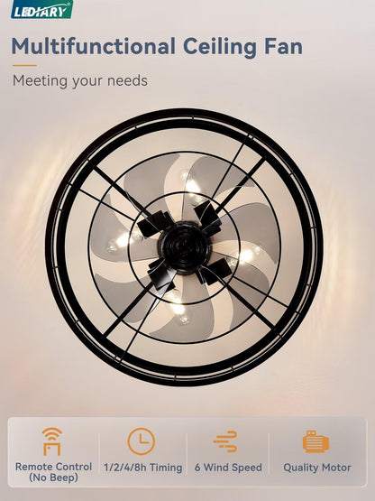 LEDIARY 16.5 inch Black Caged Ceiling Fan with Light, Fandelier Industrial Ceiling Fan with Remote, Farmhouse Fan Lights Ceiling Fixtures for Kitchen, Bedroom, Outdoor（6 Speed, Timing）-Black