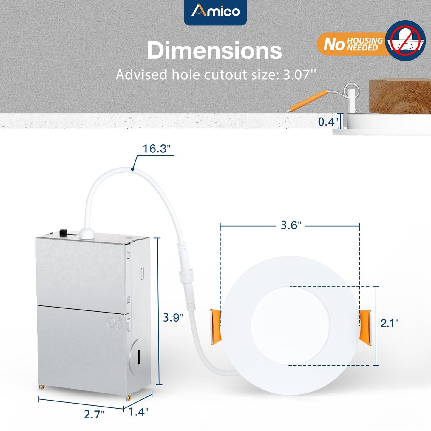 Amico 6 Pack 6 Inch 5CCT Ultra-Thin LED Recessed Ceiling Light with Junction Box, 2700K/3000K/3500K/4000K/5000K Selectable, 12W Eqv 110W 1050LM Brightness Dimmable Canless Wafer Downlight, ETL & FCC