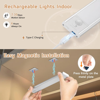 Under Cabinet Lighting Wireless, 4Pack Motion Sensor Light Indoor with 3 Color Temps, Dimmable Closet Lights Battery Operated, LED Magnetic Light, Rechargeable Under Counter Lights for Kitchen Home