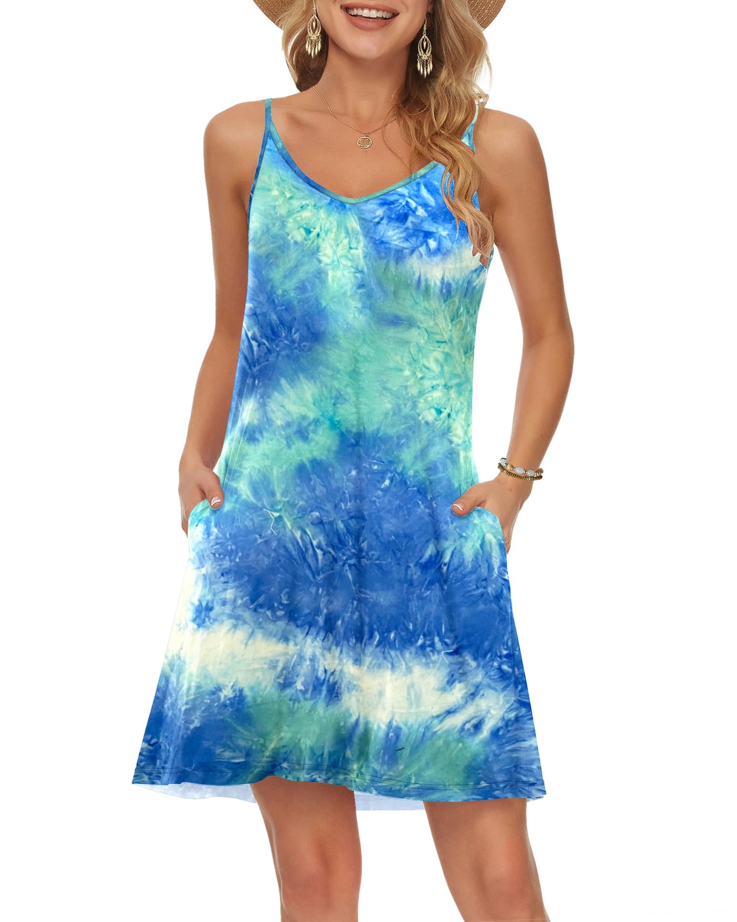 MISFAY Women's Summer Spaghetti Strap Casual Swing Tank Beach Cover Up Dress with Pockets