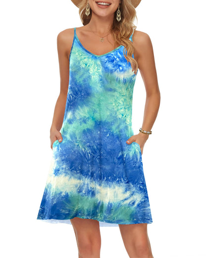 MISFAY Women's Summer Spaghetti Strap Casual Swing Tank Beach Cover Up Dress with Pockets