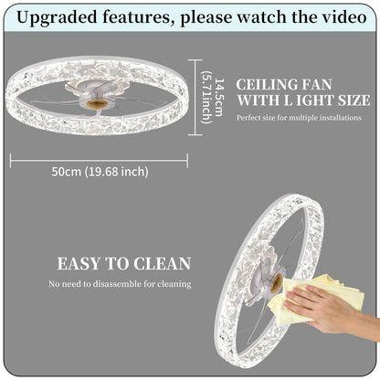 20‘’ Ceiling Fan with Light, Upgraded Low Profile Fan, Flush Mount Ceiling Fan, 6 Speeds, Dimmable LED, App & Remote Control, Quiet DC Motor, for Bedroom, Living Room, F115 White