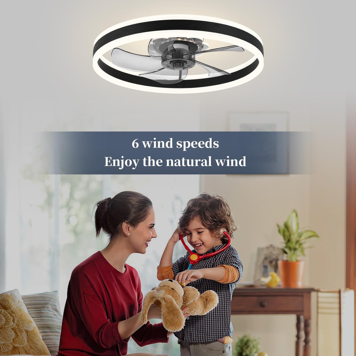20‘’ Ceiling Fan with Light, Upgraded Low Profile Fan, Flush Mount Ceiling Fan, 6 Speeds, Dimmable LED, App & Remote Control, Quiet DC Motor, for Bedroom, Living Room, F115 White