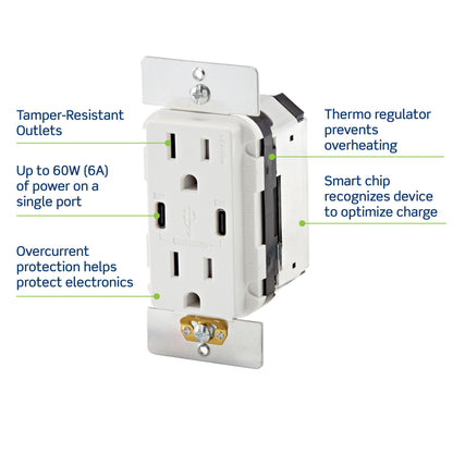 Leviton T5633-W Type A & Type-C USB In-Wall Charger with 15A Tamper-Resistant Outlet, USB Charger for Smartphones and Tablets, Not for Laptops, White