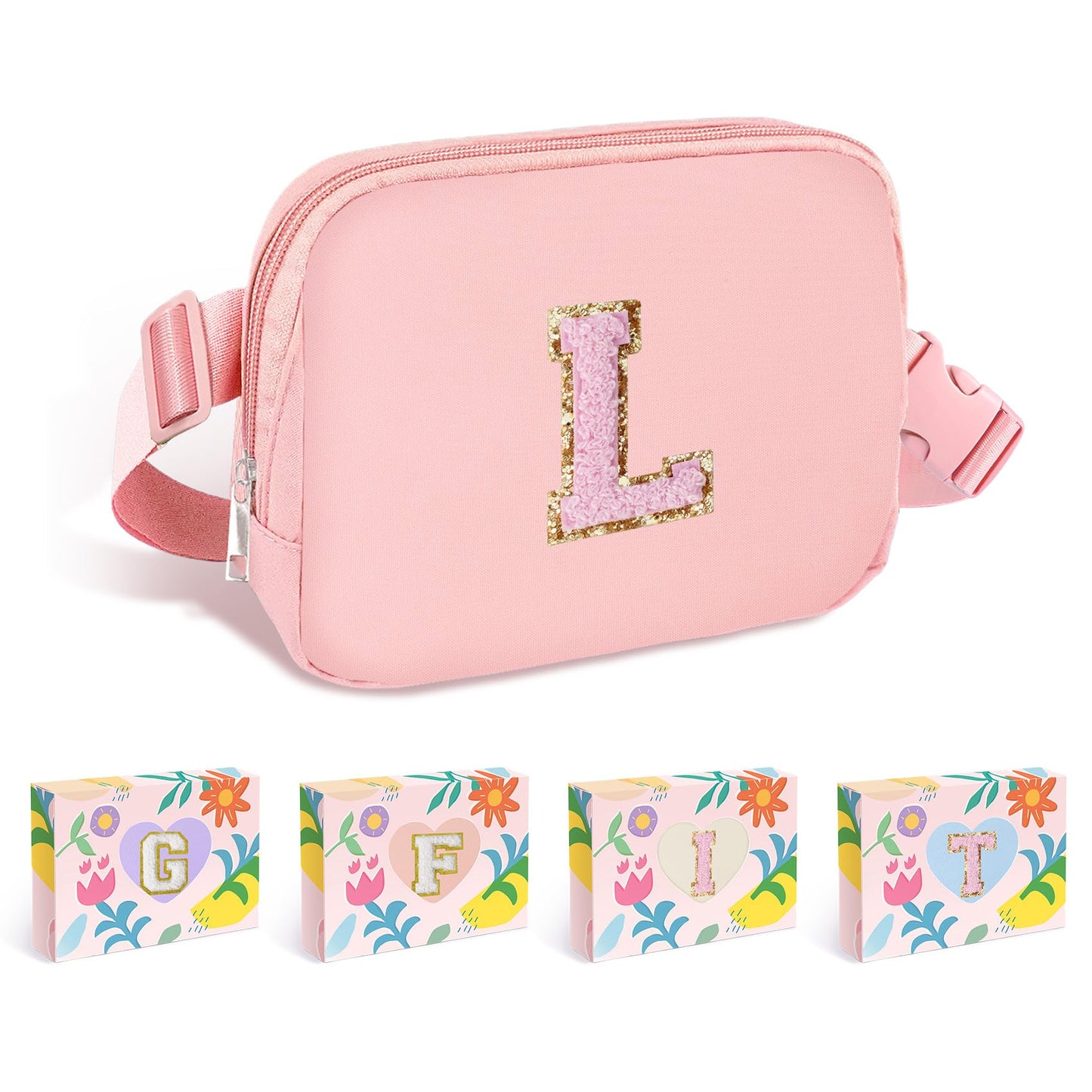 COSHAYSOO Pink Belt Bag Small Waist Fanny Pack Mini Crossbody Purse with Initial Preppy Letter Patch for Teen Girl Women Workout, Cross Body Chest Pouch Trending Birthday Gift Idea (S)