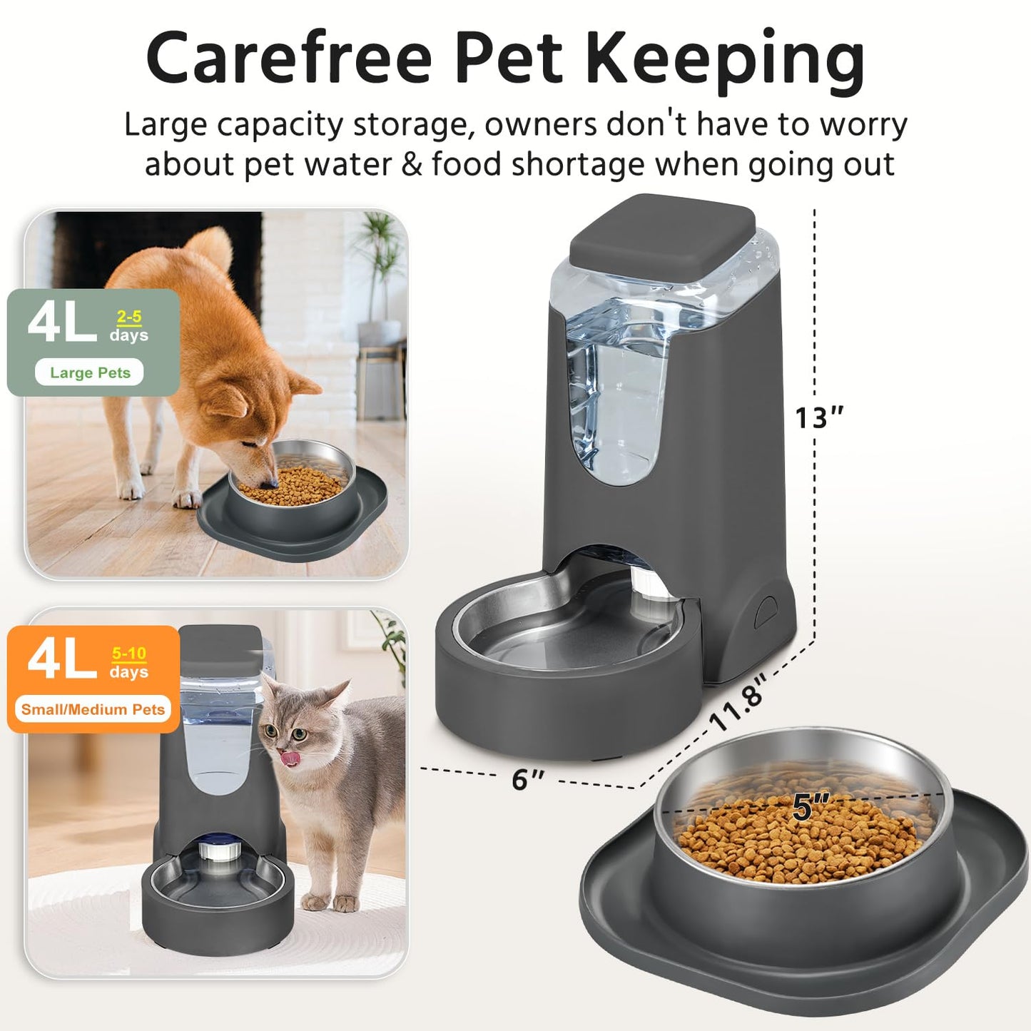2 Pack Automatic Cat Feeder and Stainless Steel Water Dispenser, Gravity Dog Waterer Set Food Feeder and Waterer Set for Small Medium Kitten Puppy Pets(1 Gallon x 2, Charcoal Gray)