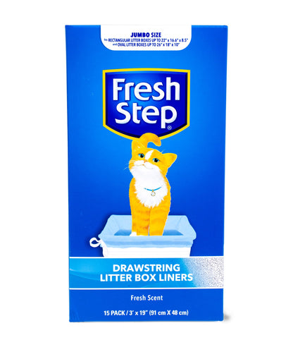 Fresh Step Drawstring Cat Litter Box Liners, Unscented, Size Jumbo, 36" x 19" | Kitty Litter Bags - 15 Count - Cat Litter Liners for Rectangle or Oval Large Litterboxes