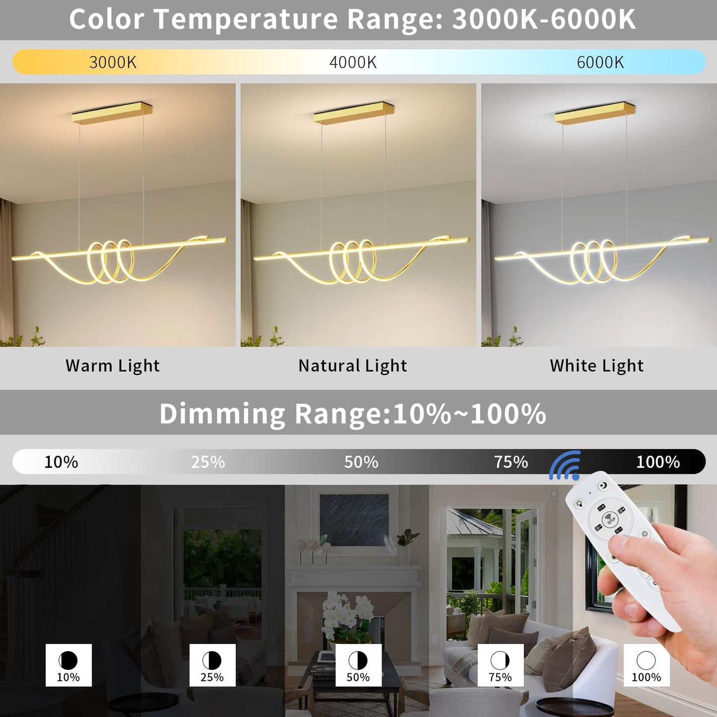 Modern LED Pendant Lights, 39in Chandelier Dimmable with Remote Control 3000k-6000K Adjustable Color Temperature, Aluminum Island Lighting Lamp Fixture for Kitchen, Dining Room, Billiard Room