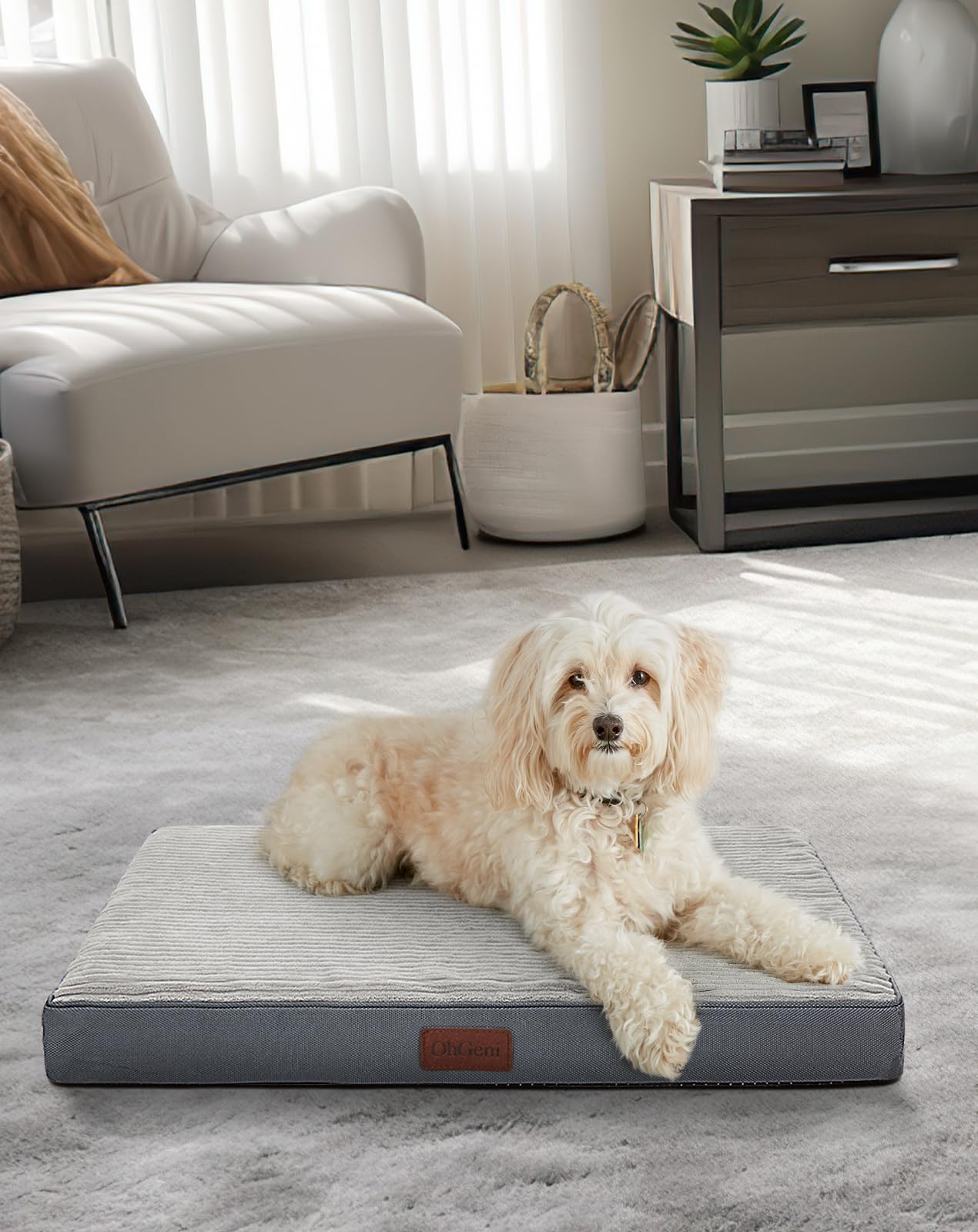 OhGeni 35 Inch Orthopedic Waterproof & Machine Washable Dog Bed for Medium Large Pets, 20D Egg Crate Foam Stable Support, Non-Slip Bottom and Removable Cover, Tear-Resistant Invisible Zipper(Gray)