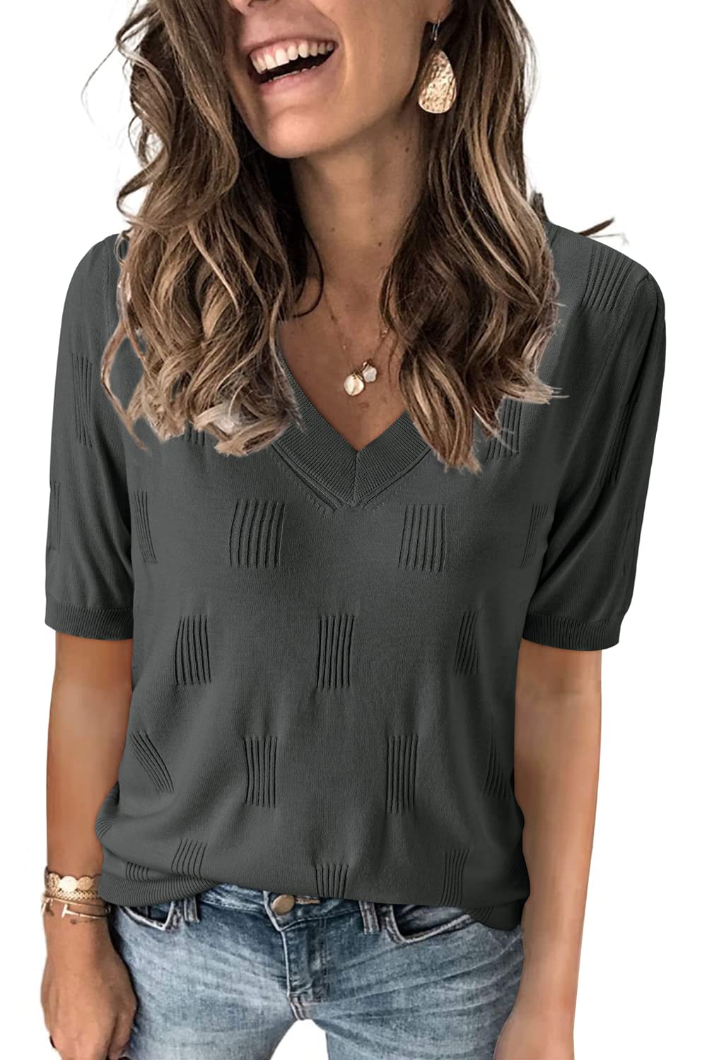 Arach&Cloz Women's Tops 2025 Spring Summer Short Sleeve Sweater Fashion Trendy Dressy Casual Outfit Versatile Knit Blouse