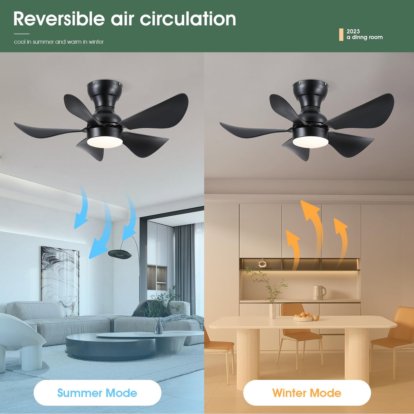 Ceiling Fans with Lights and Remote/APP Control, 30 inch Low Profile Ceiling Fans with 5 Reversible Blades 3 Colors Dimmable 6 Speeds Ceiling Fan for Bedroom Kids Room Dining Room, Black