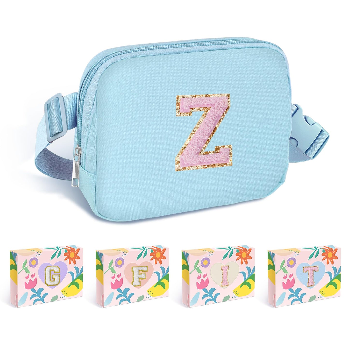 COSHAYSOO Pink Belt Bag Small Waist Fanny Pack Mini Crossbody Purse with Initial Preppy Letter Patch for Teen Girl Women Workout, Cross Body Chest Pouch Trending Birthday Gift Idea (S)
