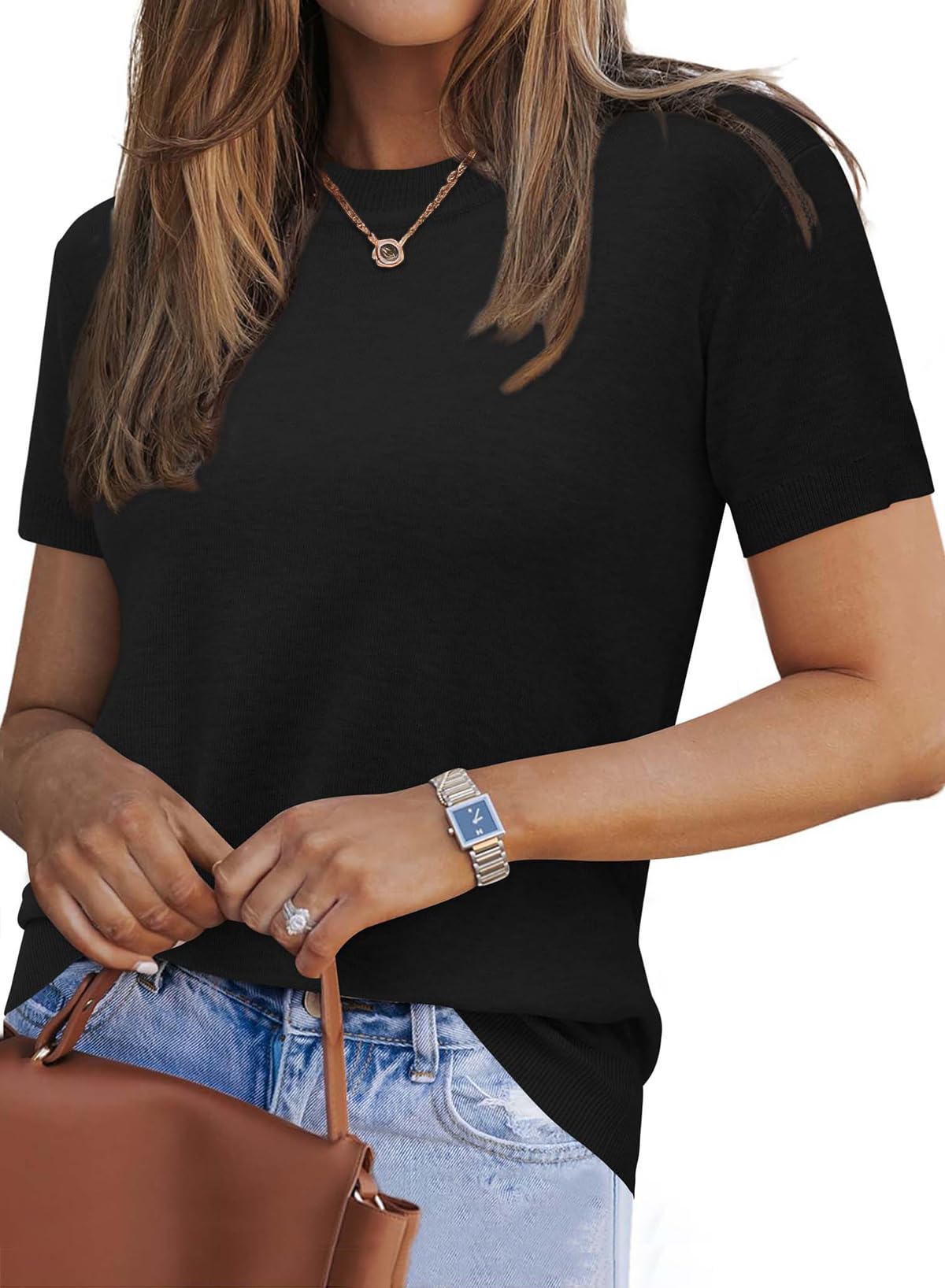 Arach&Cloz Women's Wool Blend Loose Fit Soft Summer Sweater Short Sleeve Crew Neck Casual Pullover Tops Trendy Outfits 2025