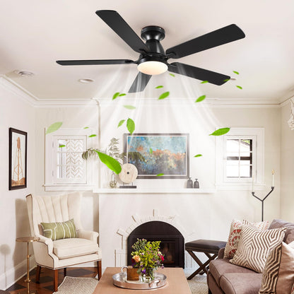 Ceiling Fans with Lights- 46" Low Profile Indoor Ceiling Fan with Light and Remote/APP Control, Flush Mount, LED Dimmable DC Reversible Modern Ceiling Fan for Bedroom（Black）