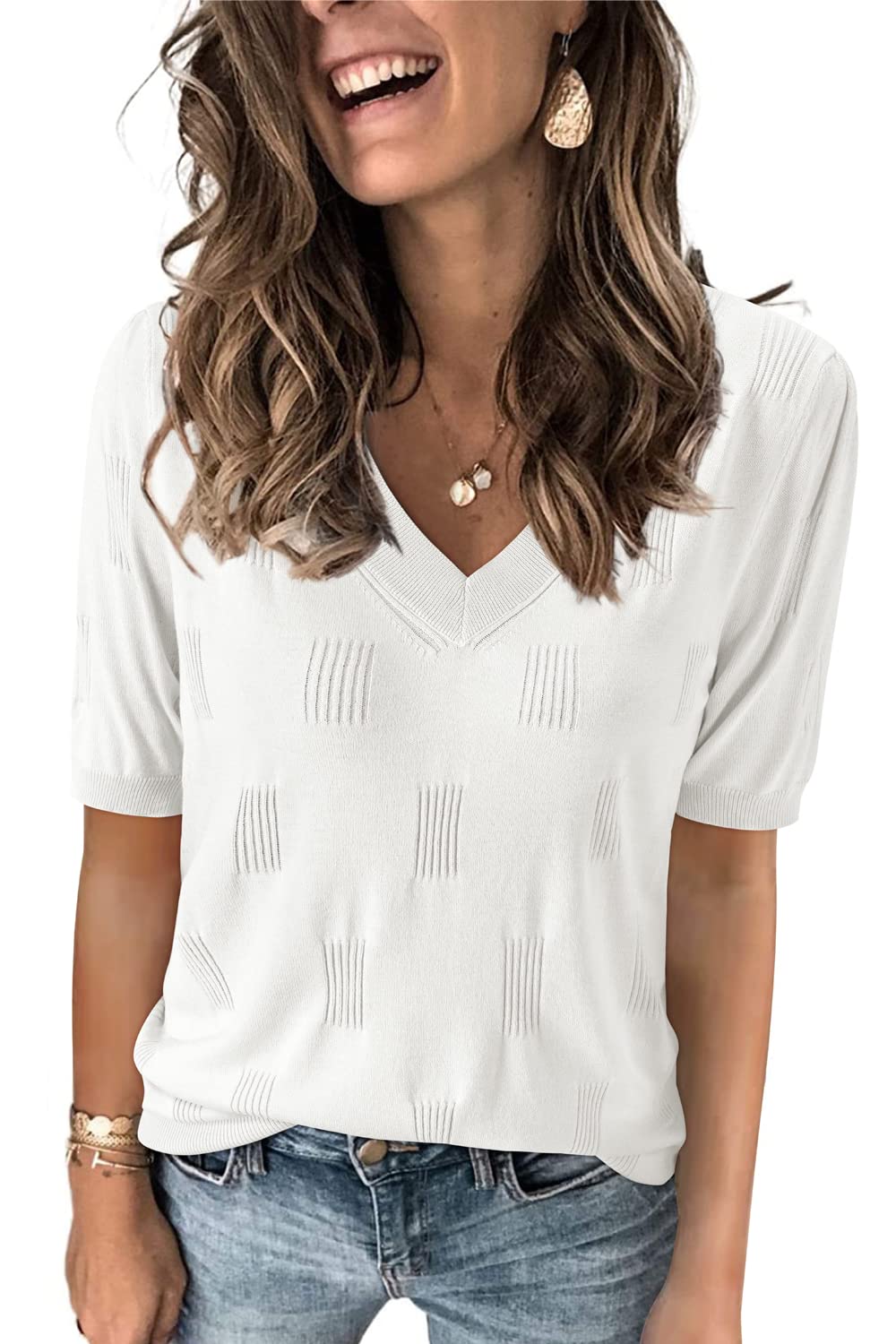 Arach&Cloz Women's Tops 2025 Spring Summer Short Sleeve Sweater Fashion Trendy Dressy Casual Outfit Versatile Knit Blouse