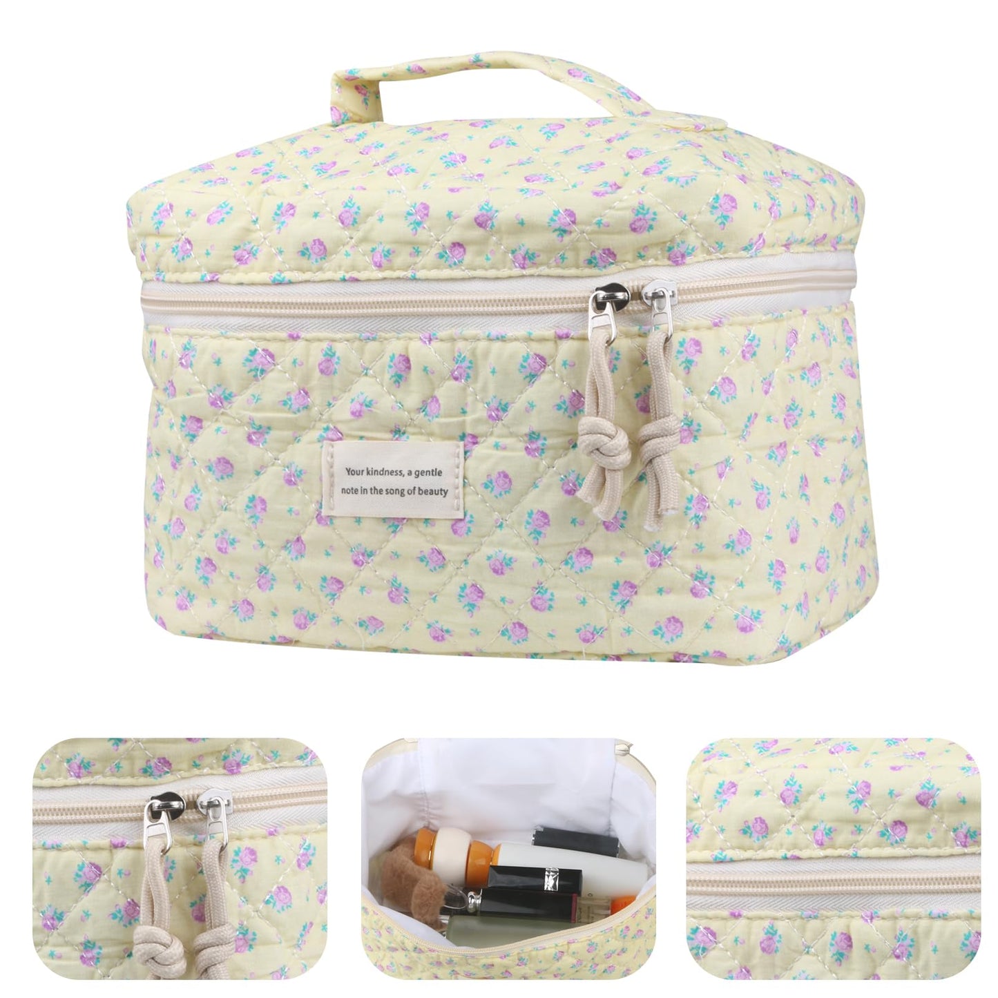 Cute Makeup Bag for Women(2 Pcs), Travel Cosmetic Bags, Quilted Coquette Aesthetic Floral Toiletry Organizer Bag (NavyBlue Flower)
