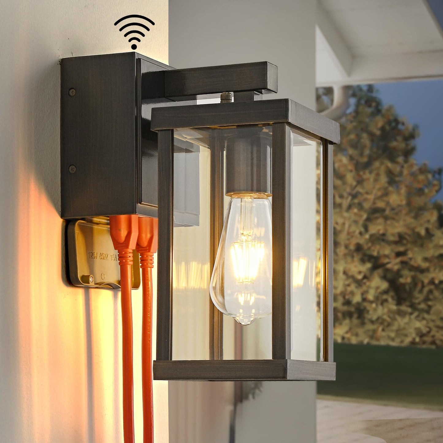 Dusk to Dawn Porch Lights with GFCI Outlets Waterproof Outdoor Wall Lights Exterior Lighting Fixtures Modern Outside Lights Wall Mount for House Patio Garage,Black,11.8''H,1PC