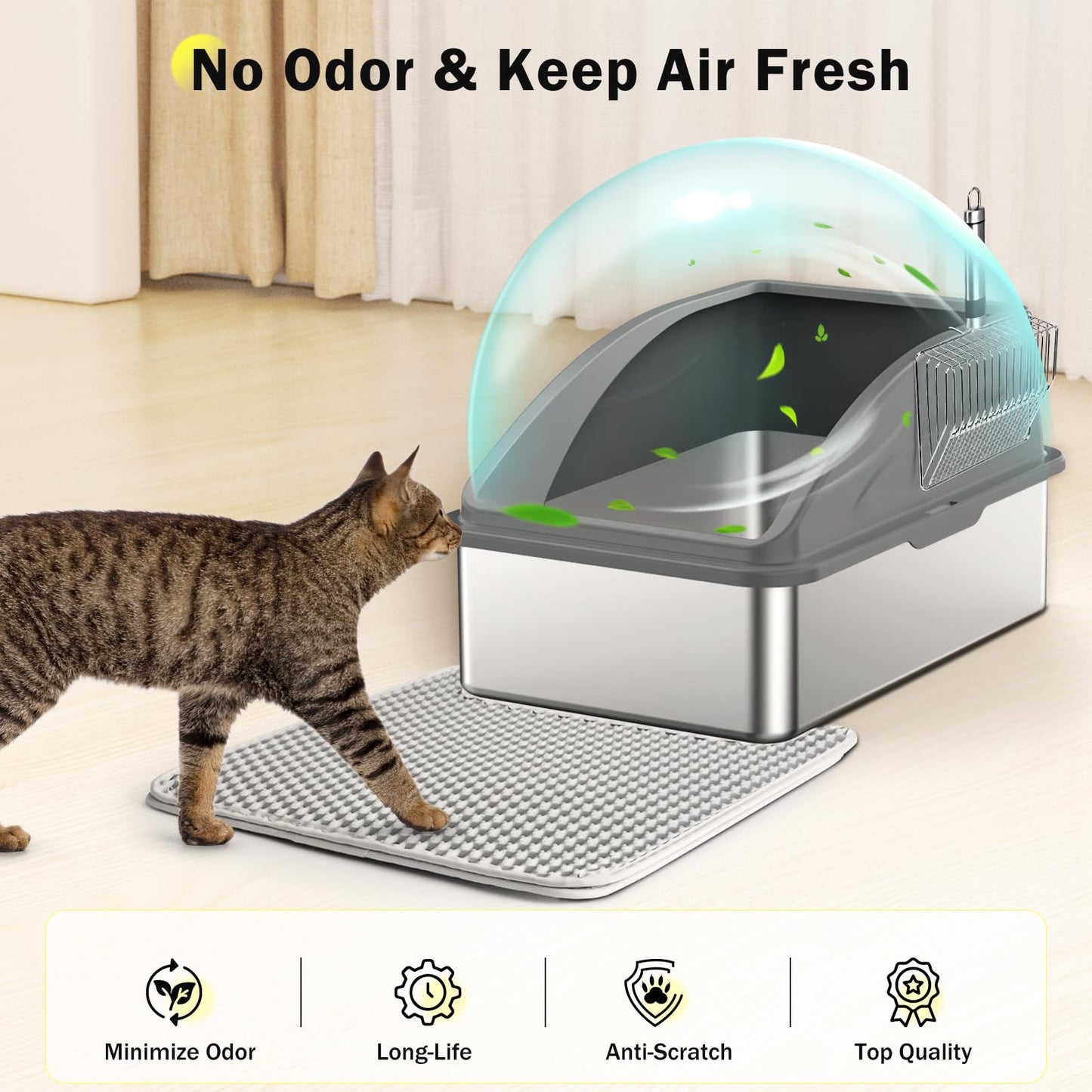 Stainless Steel Cat Litter Box, Extra Large Litter Boxes for Big Cats, Anti-Urine Leakage XL Litter Box with High Sides, Xlarge Metal Litter Box with Lid, Easy Clean, Non-Sticky, Cat Mat & Metal Scoop