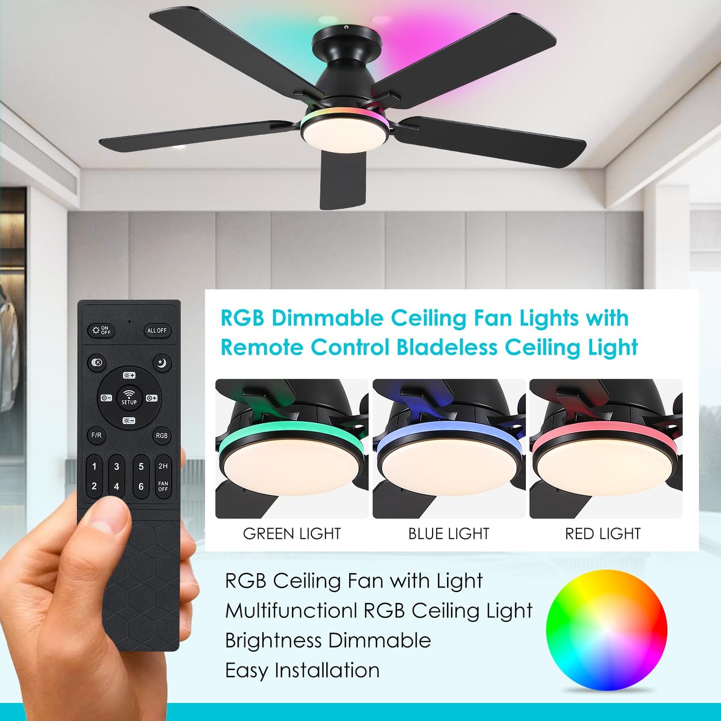 Ceiling Fans with Lights- 52" Low Profile Indoor Ceiling Fan with Light and Remote/APP Control, Flush Mount, LED Dimmable DC Reversible Modern Ceiling Fan for Bedroom（Black）