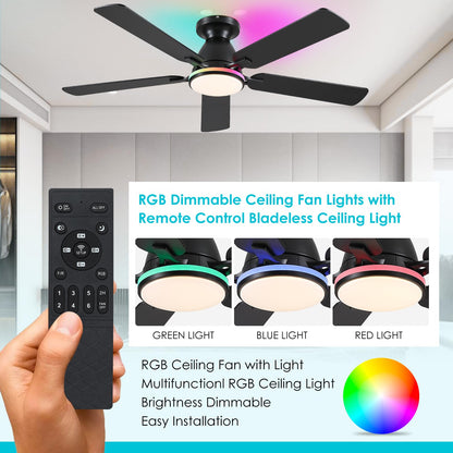 Ceiling Fans with Lights- 46" Low Profile Indoor Ceiling Fan with Light and Remote/APP Control, Flush Mount, LED Dimmable DC Reversible Modern Ceiling Fan for Bedroom（Black）