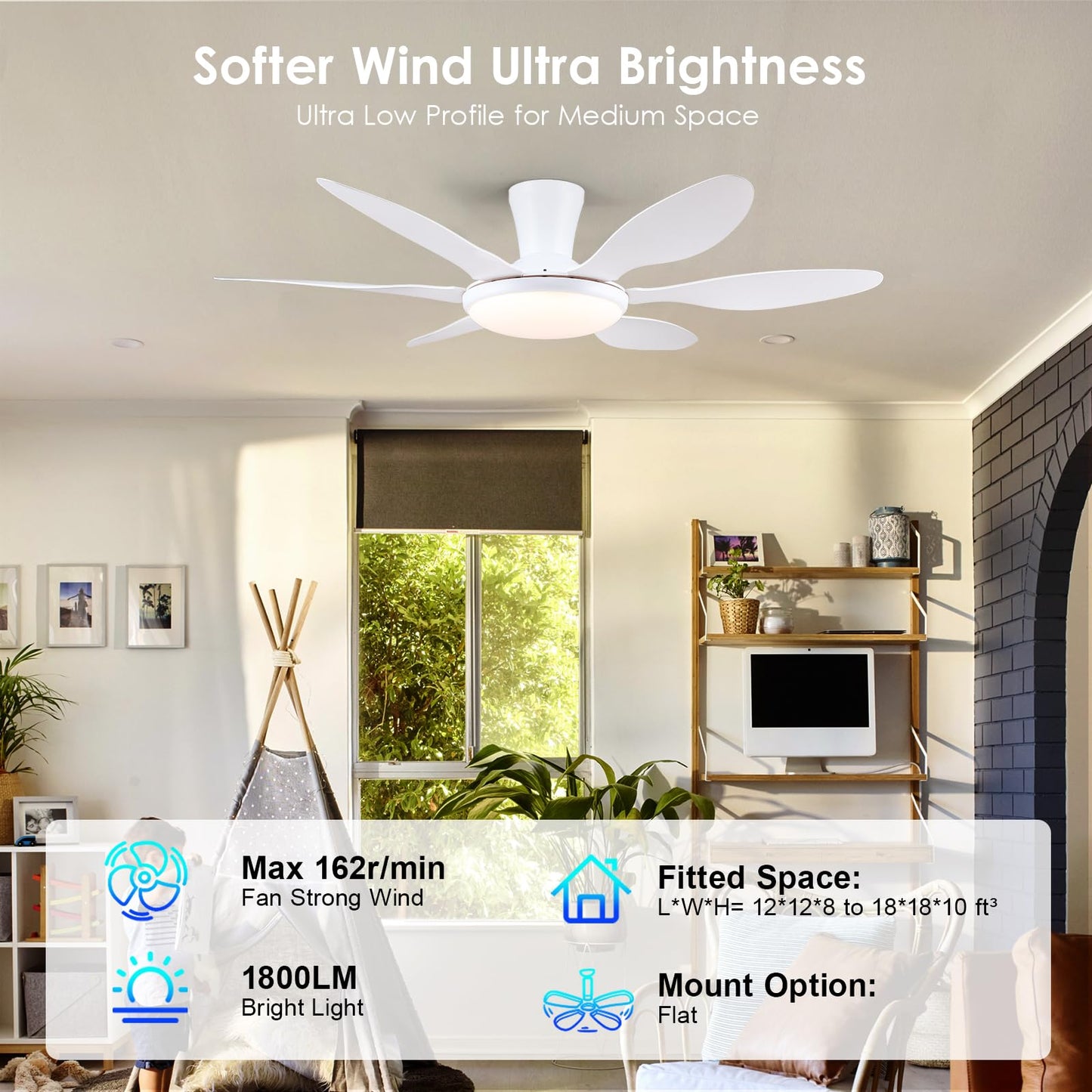 Ceiling Fans with Lights, 51 inch Modern Black Low Profile Ceiling Fan with Light and Remote App Control, Flush Mount, Quiet DC Reversible, Dim Led Ceiling Fan 6 Blade Softer Wind Indoor/Outdoor Patio