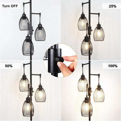 Dimmable Industrial Floor Lamps for Living Room, Gold Tree Standing Tall Lamps with 3 Elegant Teardrop Cage Head & 800 Lumens LED Bulbs for Bedroom Office