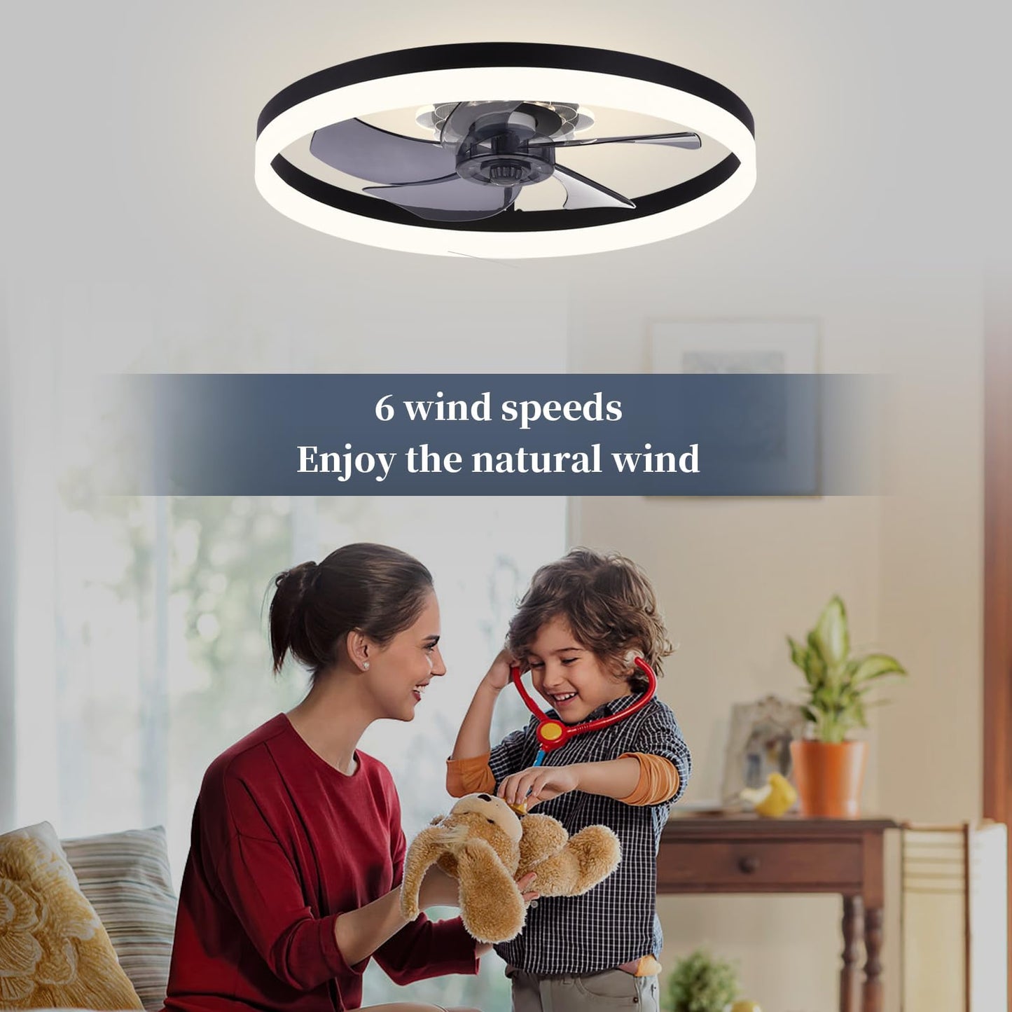20‘’ Ceiling Fan with Light, Upgraded Low Profile Fan, Flush Mount Ceiling Fan, 6 Speeds, Dimmable LED, App & Remote Control, Quiet DC Motor, for Bedroom, Living Room, F115 White