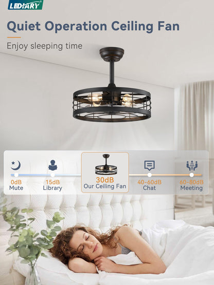LEDIARY 16.5 inch Black Caged Ceiling Fan with Light, Fandelier Industrial Ceiling Fan with Remote, Farmhouse Fan Lights Ceiling Fixtures for Kitchen, Bedroom, Outdoor（6 Speed, Timing）-Black