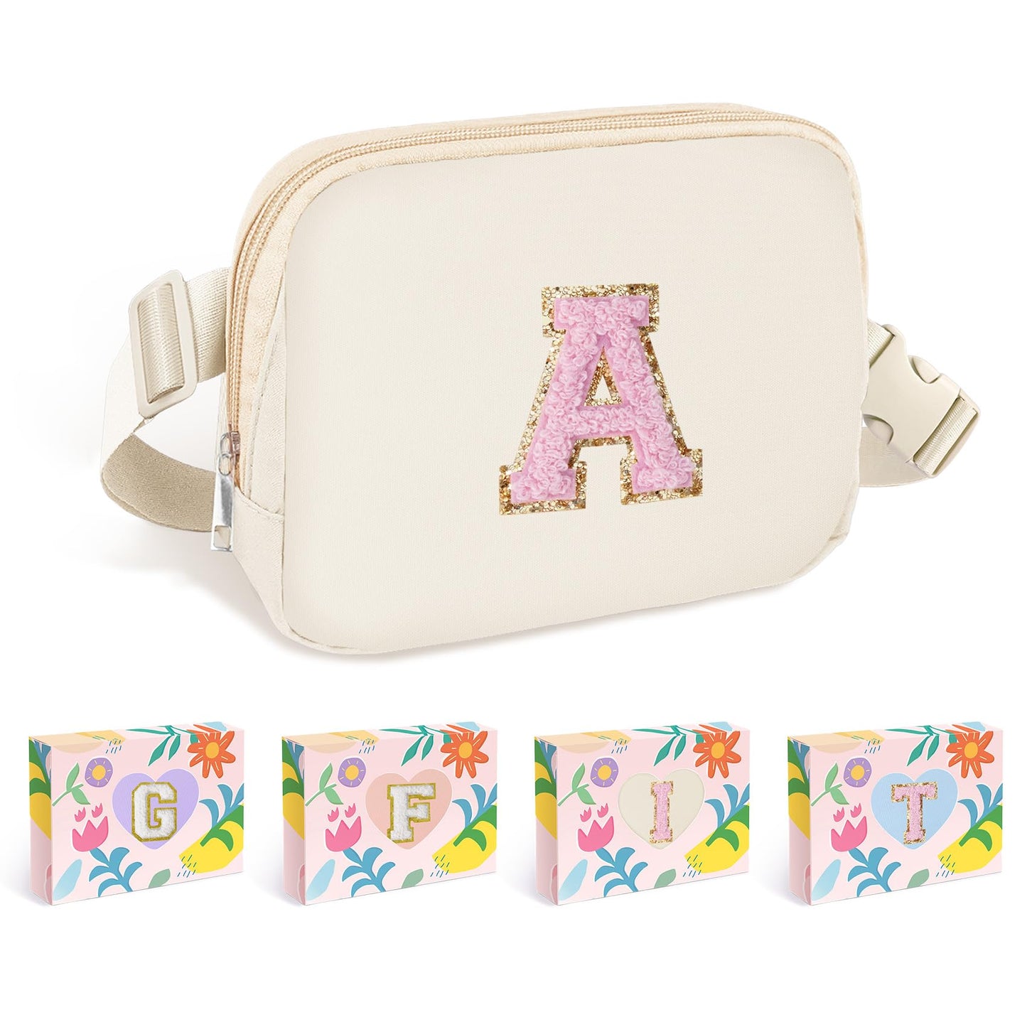 COSHAYSOO Pink Belt Bag Small Waist Fanny Pack Mini Crossbody Purse with Initial Preppy Letter Patch for Teen Girl Women Workout, Cross Body Chest Pouch Trending Birthday Gift Idea (S)