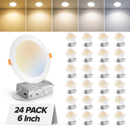 12 Pack 6 Inch 5CCT Ultra-Thin LED Recessed Ceiling Light with Junction Box, 2700K-5000K Selectable, 1050LM High Brightness, Dimmable Canless Wafer Downlight, 12W 120V, ETL