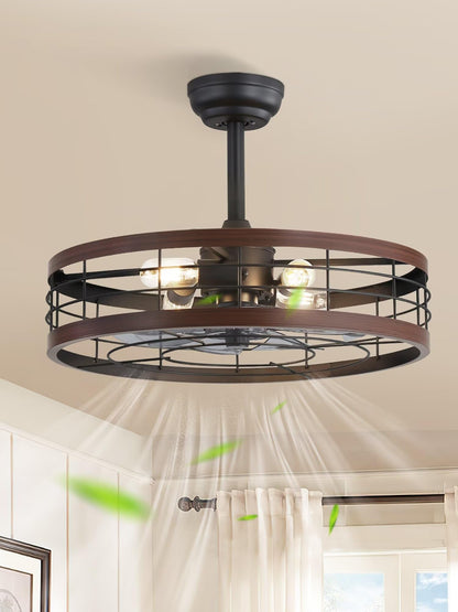 LEDIARY 16.5 inch Black Caged Ceiling Fan with Light, Fandelier Industrial Ceiling Fan with Remote, Farmhouse Fan Lights Ceiling Fixtures for Kitchen, Bedroom, Outdoor（6 Speed, Timing）-Black