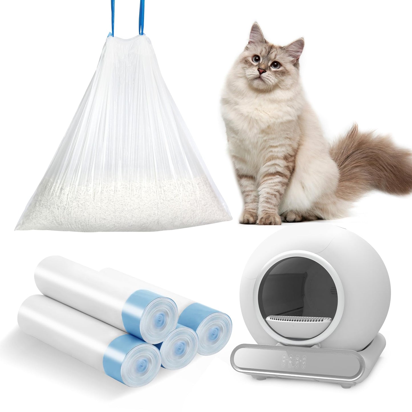 Self Cleaning Cat Litter Box, Ultra-Safe Protection Automatic Cat Litter Box, APP Control/Lower Entry/Large Capacity Cat Litter Box with 3 Rolls Liners & Mat, 65L, Gray